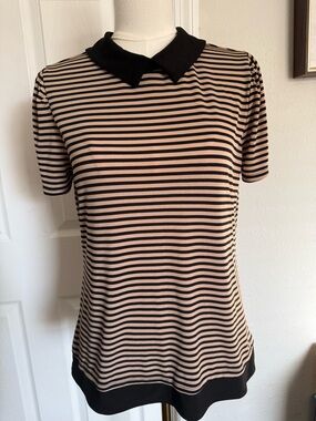 Striped Short-Sleeve Polo Top in Beige and Black
